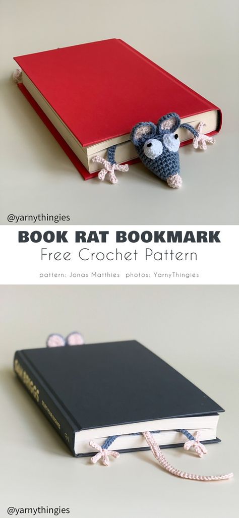 Book Rat Crochet, Squished Rat Crochet Bookmark, Book Rat Crochet Pattern, Rat Crochet Bookmark, Crochet Mouse Bookmark, Funny Crochet Bookmarks, Crochet Star Wars Bookmark, Rat Bookmark Crochet Free Pattern, Crochet Patterns For Book Lovers