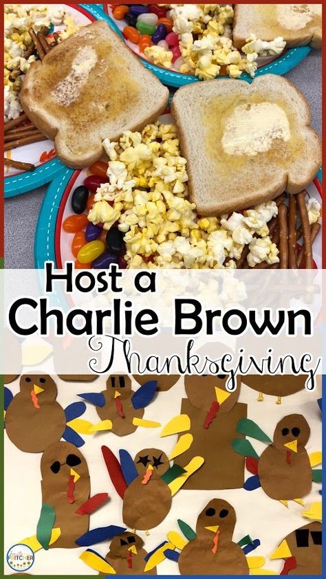 Hosting a Charlie Brown Thanksgiving in your elementary classroom is a wonderful way to recognize the holiday. Gather your food and paper supplies, turn on the classic cartoon, and you'll be all set! To add to the holiday fun, have students work on their fine motor and spacial skills with a turkey glyph. This annual fall favorite offers a unique opportunity to gather your students, display some gratitude, and celebrate the season of thanks. #charliebrownthanksgiving #turkeyglyph Turkey Glyph, Thanksgiving Elementary, Charlie Brown Classroom, Thanksgiving Party Food, Thanksgiving Classroom Activities, Charlie Brown Thanksgiving, Friendsgiving Food, Thanksgiving Kindergarten, Thanksgiving School