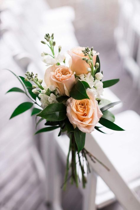 Peach And Dusty Rose Wedding, Peach Flower Bouquet Wedding, Peach And White Bridesmaid Bouquet, White And Apricot Bouquet, Small Peach Bouquet, Peach Flower Arrangements Wedding, Peach White Wedding Flowers, Peach Boutineer, Peach Flower Bouquets