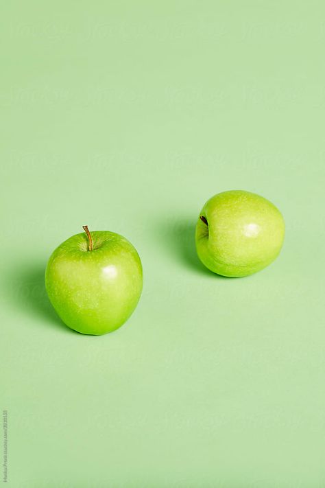 2 Green granny smith apples on matching green background, food, fun still life, studio photography Green Apple Aesthetic, Fun Still Life, Fruits Photography, Green Apple Photography, Apple Photography, Apples Photography, Granny Smith Apple, Background Food, Fruits Photos