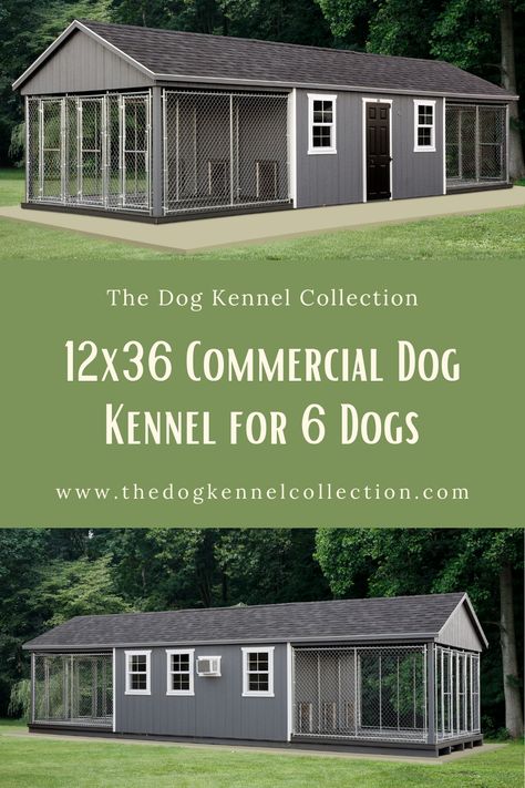 This 12x36 Commercial Dog Kennel is shown with Dark Gray Siding, White Trim and a Black Door. The roof on this dog kennel is covered with Charcoal Shingles. This kennel is shown with the standard trim package. Extra features shown in this kennel include 4′ High Solid Dividers, AC Unit, Envi Space Heater, Hose Port, Stainless Steel Channel Drain, and the Electrical Package. Gray Siding White Trim, Dark Gray Siding, Commercial Dog Kennel, Dog Kennel Flooring, Dog Kennel And Run, Diy Dog Run, Gray Siding, Kennel Ideas Outdoor, Channel Drain