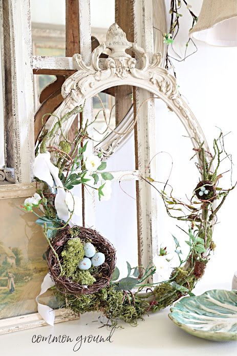 common ground : Vintage Cottage Weekend: Wild Victorian Wreath Vintage Spring Aesthetic, Vintage Spring Wedding, Color Palette Vintage, Vintage Spring Decor, Spring Mantle Decor, Victorian Wreath, Bird Nest Craft, Picture Frame Wreath, Spring Mantle