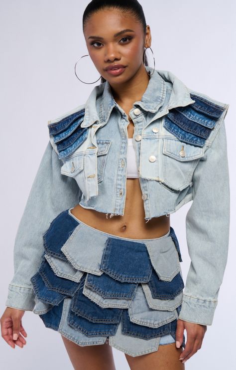 Distressed Denim Outfit, Denim Party Outfit, Skirt And Chunky Boots, Denim Crop Jacket, Deconstruction Fashion, Denim Party, Recycled Clothes, Blue Jean Outfits, Glam Outfit