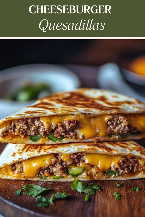 Cheeseburger quesadillas combine the best of both worlds into a crispy tortilla. I'm talking seasoned ground beef, melty cheese, sliced pickles, and more! Maple Bacon Cheeseburger Quesadilla, Blackstone Grill Quesadillas, Dinner Ideas Quesadillas, Meal Prep For The Week Ground Beef, Around The World Food Recipes, Ground Beef And Cheese Burritos, Tortilla Shell Recipes Dinners, Ground Beef Sandwich Ideas, Beef Tortilla Recipes