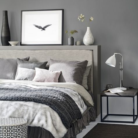 This dark grey bedroom with cosy bed linen create a relaxing space in which to unwind at the end of the day. Layer soft furnishings to create a luxurious feel Dark Gray Bedroom, Grey Bedroom Design, Grey Bedroom Decor, Cosy Bed, Cosy Bedroom, Gray Walls, Decor Ikea, Grey Bedroom, Trendy Bedroom