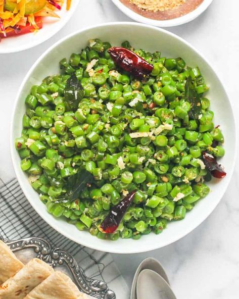 Poriyal | South Indian Green Beans with coconut - Ministry of Curry Beans Recipe Indian Green, Indian Green Beans, Beans Poriyal, Indian Beans Recipe, Green Bean Curry, Dried Red Chili Peppers, Vegetarian Stir Fry, South Indian Recipes, Indian Rice Recipes