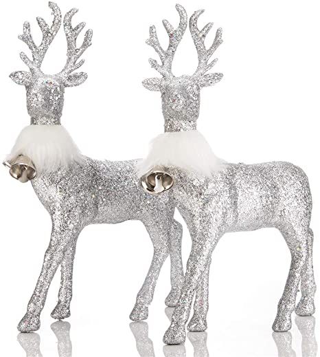 SANNO Glitter Reindeer Decorations Christmas Deer with Bell Lovely Decor Holiday Reindeer Figurines Standing Silver Glitter Indoor Decorative Ornaments Winter Decor Christmas Table Top Decorations, Kitchen Mantle, Reindeer Figurines, Winter Display, Reindeer Figure, Glitter Reindeer, Christmas Reindeer Decorations, Deer Statues, Silver Christmas Decorations