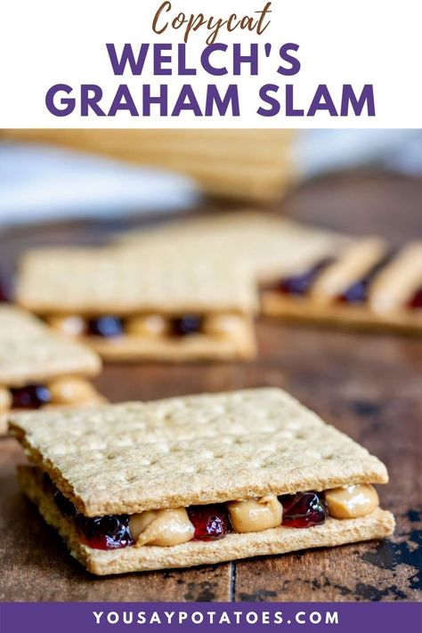 This copycat Welch's Graham Slam recipe is super easy to make and only requires a few simple ingredients! Serve this sweet and crunchy PB& J graham cracker sandwich for lunch or as an after-school snack for a treat everyone will enjoy! Graham Cracker Sandwich, Chicken Omelette, Sandwich For Lunch, Oatmeal Flavors, Mrs Fields, Easy Shredded Chicken, Cookie Recipes Oatmeal Raisin, Oatmeal Raisin Cookies Chewy, Drumstick Recipes