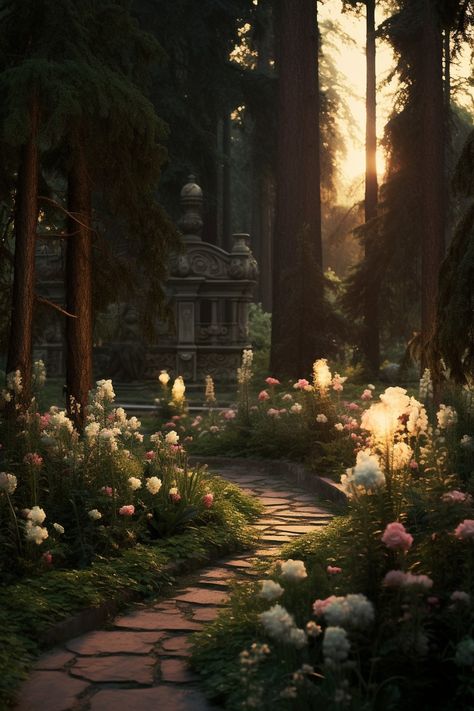 Castle Gardens Aesthetic, Spring Kingdom Aesthetic, Royal Garden Aesthetic Night, Fantasy Places Aesthetic, Nature Fantasy Aesthetic, Fantasy Garden Aesthetic, Castle Garden Aesthetic, Magical World Aesthetic, Magical Courtyard