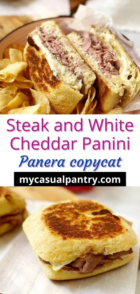 It couldn't be easier to recreate this Panera steak and white cheddar panini at home. Crusty bread, tangy horseradish sauce, and pickled onions take this steak and cheese from ordinary to extraordinary. Roast Beef And Cheddar Panini, Steak And Cheese Panini, Steak And Cheddar Sandwich, Recipes With White Cheddar Cheese, Steak Panini Recipes, Panera Steak And White Cheddar Panini, Copycat Panera Sandwich Recipes, Panera Panini Recipes, Beef Panini Recipes