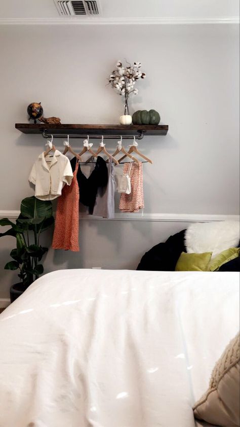 Floating Shelf With Clothes Rod, Floating Clothing Rack, Shelf Clothes, Makeup Room Decor, Farm Barn, Hanger Rack, Hanging Clothes, Makeup Room, Clothes Rack