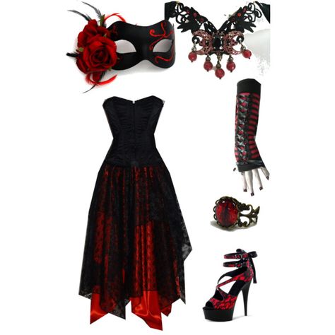 Red and Black Masquerade by ilovethegreenarrow on Polyvore Masquerade Ball Outfits, Masquerade Outfit, Black Halloween Dress, Masquerade Party, Gothic Outfits, Halloween Dress, Goth Fashion, Ball Dresses, Fancy Dresses