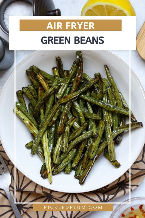 You’ll only need 5 simple ingredients to make these perfectly browned citrus chili air fryer green beans! Plus, I’ve included instructions on how to prepare both fresh and frozen green beans in an air fryer. #airfryer #vegan #easy #sidedish #haricotvert Green Bean Chips, Green Beans Air Fryer, Beans Air Fryer, Green Beans Chips, Dehydrated Green Beans, Air Fryer Green Beans, Air Fried Green Beans, Spicy Green Beans, Bean Chips