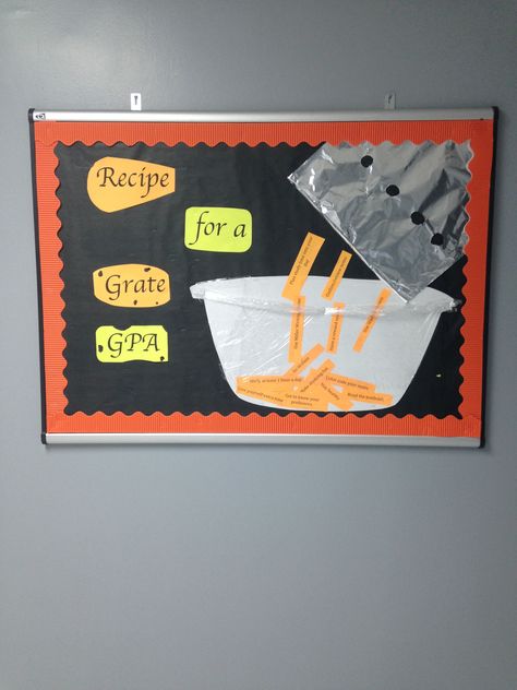 Academics Bulletin Board Recipes for a GRATE GPA, tips written on the grated cheese! So inventive! via Rebecca in Boyd Hall Hall Themes, Dorm Bulletin Boards, Middle School Bulletin Boards, Board Recipes, Ra Themes, Work Bulletin Boards, Diy Bulletin Board, Bullentin Boards, Ra Bulletins