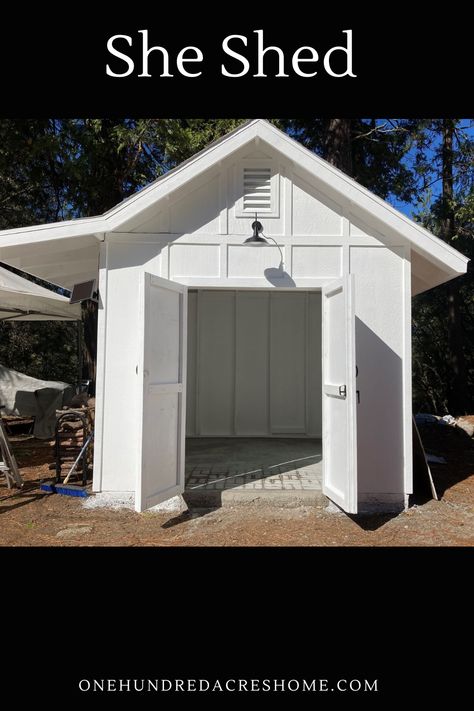 Steps to build your own cute farmhouse style she shed. 10x10 Storage Shed, Garden Shed Inside Ideas, Farmhouse She Shed, 8x12 Shed, Diy She Shed, She Shed Plans, Farmhouse Sheds, Shed With Porch, Office Shed