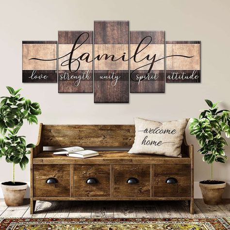 Family Qualities Typography On Canvas 5 Pieces Print Wooden Typography, Home Typography, Inspired Living, Game Room Furniture, Unique Spaces, Room Wall Art, Bar Furniture, Wall Decor Living Room, Entryway Decor