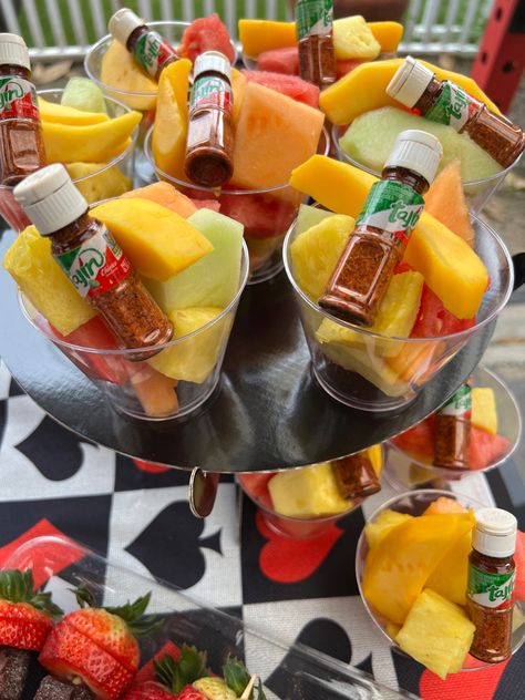 Snack Table Mexican Party, Mexican Candy Wedding Table, Fruit Cups With Tajin, Michelada Station Ideas, Quince Snack Table Ideas, Fruit Cups For Party Mexican, Mexican Treat Table Ideas, Mexican Snacks Table Party Ideas, Mexican Fruit Table Ideas