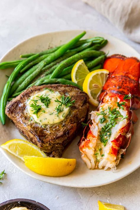 Surf and Turf (Steak and Lobster) - The Cookie Rookie® Surf And Turf Lobster, Surf And Turf Wedding Dinner, Lobster Surf And Turf, Surf And Turf Recipes Lobster Tails, Steak And Lobster Dinner For Two, Surf And Turf Dinner, Surf And Turf Recipes, Steak And Lobster Dinner, Lobster Menu