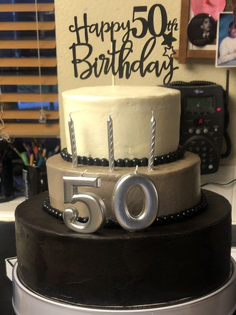 Black Velvet Cake - Black, Silver, White - 50th Birthday Cake Black 50th Birthday Cake, Basic 50th Birthday Cake, Chocolate Cake For 50th Birthday, Black Velvet Cakes, Happy 50th, 50th Birthday Cake, Velvet Cake, 50th Birthday, Black Velvet