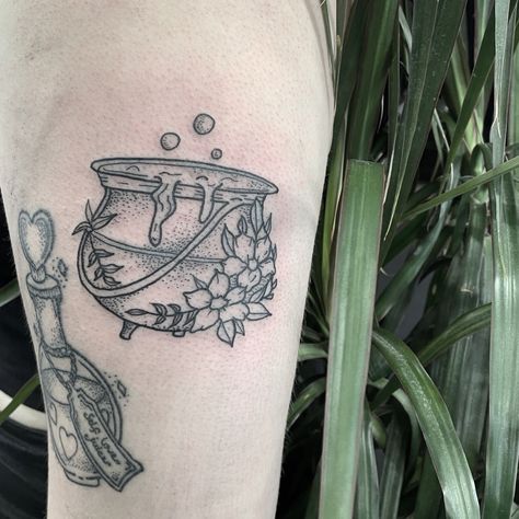 Floral Elbow Tattoo, Witch Caldron, Cauldron Tattoo, Terrarium Tattoo, Cat Kingston, Kingston Tattoo, Witches Caldron, Inner Wrist Tattoos, Elbow Tattoo