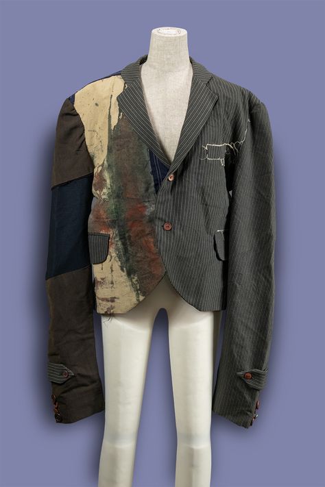 Japanese Fashion Archive — Christopher Nemeth hand painted jacket with unique... Vintage Unstructured Outerwear With Pockets, Deconstructed Suit, Deconstructed Blazer Men, Christopher Nemeth, Fruit Clothes, Vintage Reworked Cotton Outerwear, Deconstructed Jacket, Deconstructed Trench Coat, Hand Painted Jacket