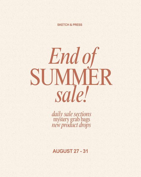 🌞 End of Summer Sale! 🌞 Join us from August 27th-31st for daily sale sections, mystery grab bags, and exciting new product drops! Save big and snag some incredible deals both in-store and online. Whether you’re shopping for gifts, home decor, or personal treats, we’ve got something special for you. Don’t miss out on the biggest sale of the season! 🎉🛍️ Shop online: www.sketchandpress.com #EndOfSummerSale #ShopSmall #MysteryGrabBags #NewArrivals #OnlineSale #SummerSavings #SketchAndPr... Mystery Grab Bags, Shop Sketch, End Of Summer Sale, Fall Sale, Summer Savings, End Of Summer, Grab Bags, Online Sales, Big Sale