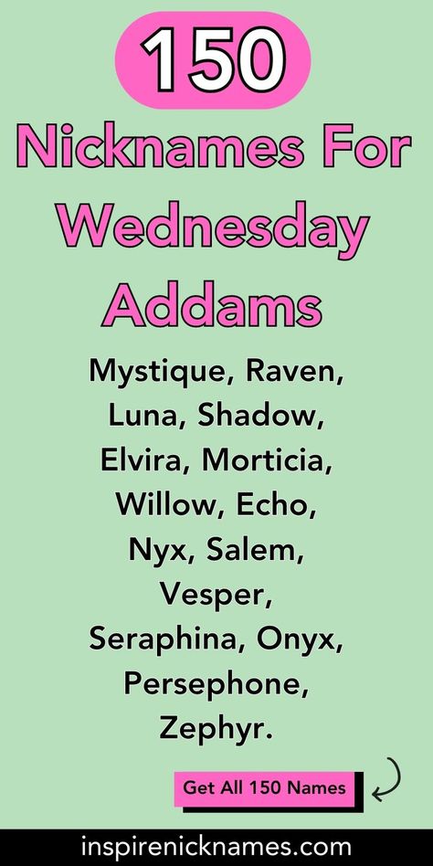 Embrace the dark charm of Wednesday Addams with our list of gothic-inspired nicknames! Perfect for fans of the mysterious and macabre. From Raven to Persephone, find the nickname that captures the essence of your favorite Addams family member. Dive into the gothic allure now! Addams Family Members, Creative Nicknames, The Gothic, Addams Family, Wednesday Addams, Essence