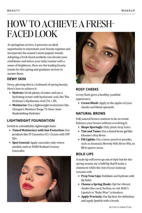 Spring Beauty Trends: Fresh-Faced Makeup Tips & Skincare Guide | Natural Makeup Natural Youthful Makeup, Summer Makeup Glow, Makeup Bold, Model Beauty Secrets, Skincare Guide, No Makeup Makeup, Wellness Club, Makeup Advice, Tips Skincare