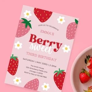 Strawberry birthday invitation - Etsy Strawberry Birthday Invite, Berry Sweet Birthday Invitation, Strawberry Two Birthday, Strawberry First Birthday Invitations, Berry First Invitation, Berry First Birthday Invitation Free, Berry 1st Birthday Invitation, Strawberry Party Invitations, Berry Third Birthday