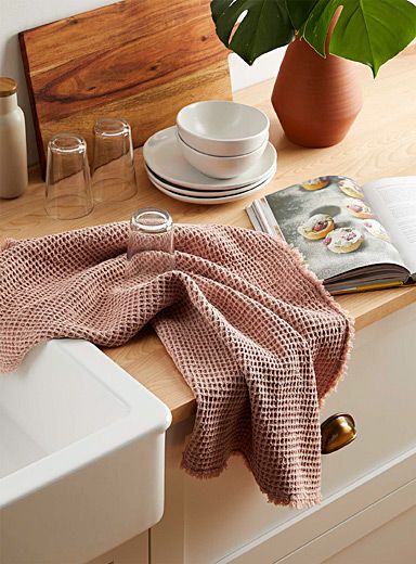 Salmon-coloured waffled oversized tea towel | Simons Maison | Kitchen Linens | Home Essentials | Simons Sustainable Kitchen, Bamboo Sheets, Dusky Pink, Kitchen Linens, Home Essentials, Dish Cloths, Tea Towel, Kotatsu Table, Tea Towels