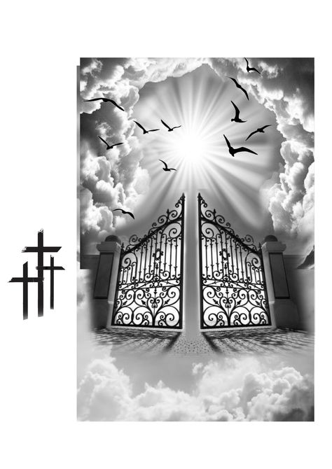 Heavens Gates Drawing, Gates Of Heaven Tattoo Design, Engel Tattoo Design, Stairway To Heaven Tattoo Design, Heavens Gates Tattoo Design, Stairs To Heaven Tattoo, Gates Of Heaven Tattoo, Heaven Gates, Stairway To Heaven Tattoo