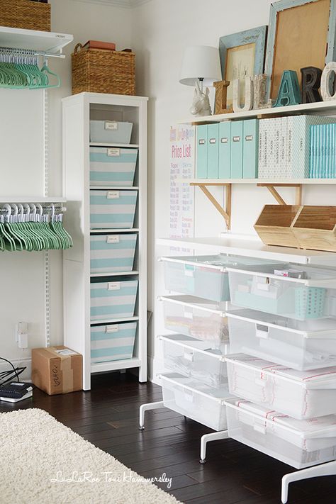 Storage, storage, storage! This office organization has all the space you could need to store your essentials and supplies. If you’re looking for creative—and stylish—ways to redo your workspace, check out this at home office inspiration. Lularoe Room, Shipping Station, A Bowl Full Of Lemons, Bowl Full Of Lemons, Inventory Organization, Inventory Storage, Zimmer Diy, Business Storage, Office Organization At Work