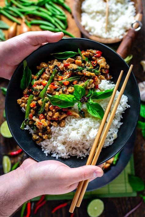 15 Minute Thai Basil Chicken - Host The Toast Chicken Tights, Thai Basil Chicken, Basil Recipes, Quick Dinners, Basil Chicken, Thai Basil, Jasmine Rice, Oyster Sauce, Basil Leaves