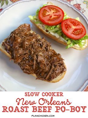 Slow Cooker New Orleans Roast Beef Po-Boy - inspired by our meal at Felix's in New Orleans. Only 5 ingredients! Slow cooked pot roast seasoned with cajun seasoning and simmered in an easy gravy. Can serve as a sandwich or over rice, noodles or mashed potatoes. This stuff is SO good!! Better than the original! Pot Roast Seasoning, Po Boy Sandwich, Slow Cooker Roast Beef, Roast Beef Sandwich, Recipe Slow Cooker, Mardi Gras Food, Sandwich Bar, Slow Cooker Roast, Crock Pot Recipes