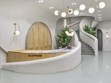 Textile Shop Interior Design, Curved Reception Desk, Organic Interior, Module Design, Reception Desk Design, Counter Design, Lobby Design, Reception Design, Clinic Design