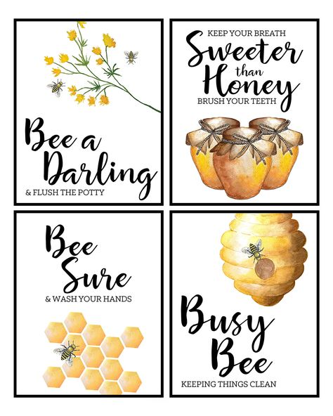 PRICES MAY VARY. Darling Honey Bee Prints Ready for Your Frames Bathroom Themed with sayings including: Bee a Darling & Flush the Potty. Keep your Breath Sweeter than Honey - Brush your Teeth. Bee Sure & Wash your Hands. Busy Bee Keeping Things Clean. Set of Four (4) - 8x10in - No Frames Included Quality USA Made Product Fun Bee Themed Bathroom Prints. Including: Bee a Darling & Flush the Potty. Keep your Breath Sweeter than Honey - Brush your Teeth. Bee Sure & Wash your Hands. Busy Bee Keeping Honey Bee Theme, Bee Room, Home Bathroom Decor, Bee Themed Classroom, Bee Classroom, Honey Bee Decor, Bathroom Decor Sets, Spa Decor, Silly Goose