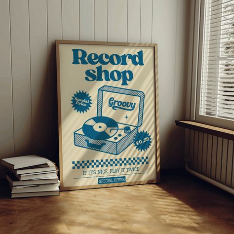 Retro style poster Record shop with quote 'if it's nice play it twice' / blue and beige vintage poster design/ Vynil player illustartation Vinyl Cafe, Retro Style Posters, Cafe Posters, Vintage Record Player, Vintage Poster Design, Record Shop, Vintage Records, Record Player, Vintage Poster