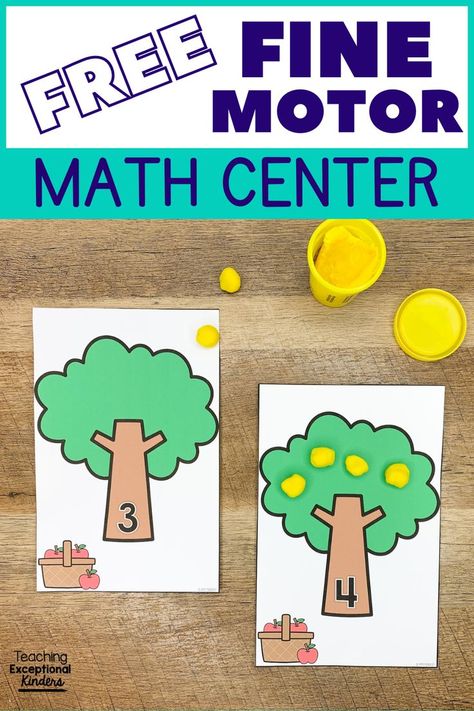 Yellow play dough added to two tree counting mats Number Identification Kindergarten, Rote Counting, Free Math Centers, Teaching Prek, Kindergarten Counting, Apple Kindergarten, Counting Mats, Activity For Kindergarten, Counting Practice