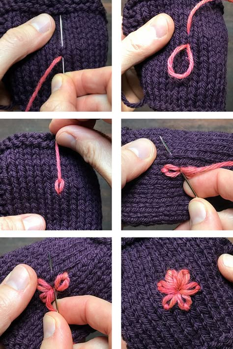 The lazy daisy stitch, but for knitters!  This tutorial shows you how to embroider a flower on your knitted fabric using yarn.  Great way to add a special detail to your knits! Embroider Flower, Yarn Flowers, Wool Embroidery, Embroidery Stitches Tutorial, Flower Embroidery Designs, Embroidery Craft, Knitting Tutorial, Hand Embroidery Patterns, Embroidery Tutorials