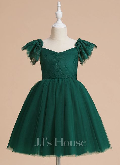 [US$ 59.00] A-line V-Neck Knee-Length Lace/Tulle Flower Girl Dress - JJ's House Hunter Green Flower Girl Dress, Forest Green Flower Girl Dress, Olive Green Flower Girl Dress, Dark Green Flower Girl Dresses, Emerald Flower Girl Dress, Flower Girl Dresses Green, Emerald Green Flower Girl Dress, Shrek Wedding, Green Flower Girl Dress