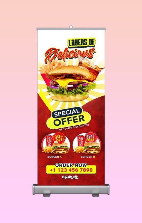 A modern roll up banner design for food restaurant. Especially for delicious burgers. You will get an amazing roll up banner. There will be no compromise in the quality of design. Pull Up Banner Design, Rollup Design, Roll Up Banner Design, Rollup Banner Design, Roll Banner, Pop Up Banner, Rollup Banner, Roll Up Banner, Design Restaurant