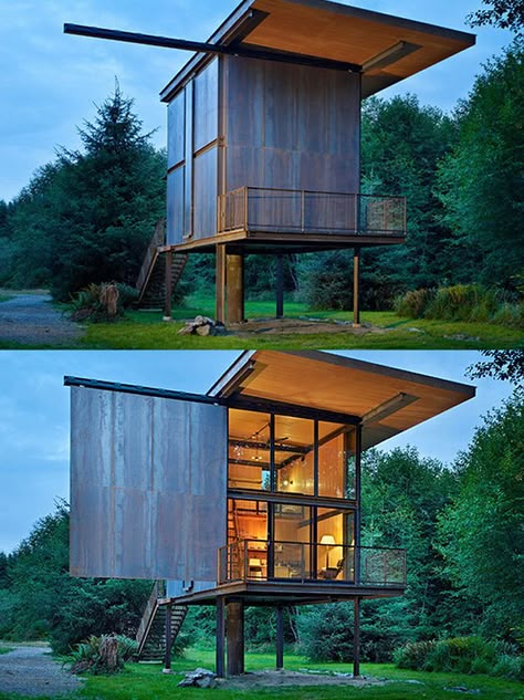 Double height massive sliding door. by Olson Kundig Architects Design Case Mici, Tiny Home Ideas, Home Designs Exterior, A Frame Cabins, Small Space Design, A Frame Cabin, Tiny House Movement, Tiny House Cabin, Shipping Container Homes