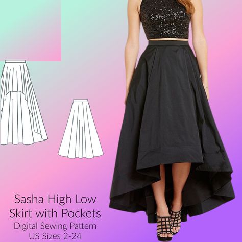"This item is for a DIGITAL sewing pattern (PDF), not a physical item. This item will be emailed you upon purchase. You will receive a Zip drive sewing instructions and all pattern sizes included. The sizes are broken up into individual PDFs for ease and are ready to print in A4 format at home. The pattern is written using US sizing, however, there is a metric conversion chart included at the beginning of each pattern.  A great beginner pattern, this high-low skirt is great for creating an edgy addition to a party outfit, or something beachy and flowy for your next vacation.  All patterns use a 3/8\" seam allowance unless otherwise stated. TERMS OF USE This pattern is for personal use only. The pattern may not be copied, redistributed or resold in any manner. Thank you! All designs are ins Asymmetrical Skirt Pattern, Long Skirt Pattern, Zip Drive, Metric Conversion Chart, Metric Conversion, Puffy Skirt, Seam Allowance, Sewing Instructions, Pattern Sewing