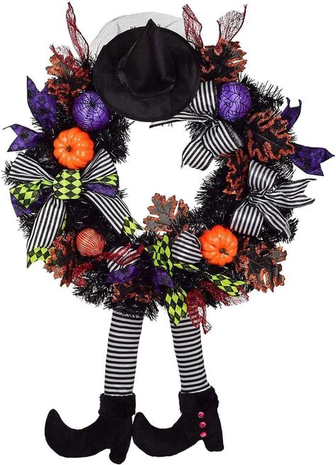 Witch Halloween Wreath, Thanksgiving Decorations Outdoor, Maple Leaf Wreath, Halloween Witch Wreath, Halloween Door Wreaths, Skull Wreath, Halloween Witch Decorations, Witch Legs, Witch Wreath