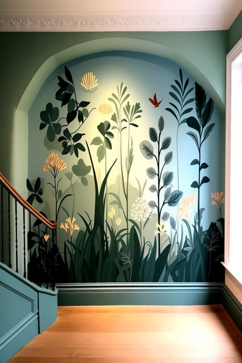 A spacious hallway with a captivating painted mural accent wall, inviting nature inside. Hallway Accent Wall, Wall Murals Painted Diy, Hallway Accent, Wall Painting Ideas Creative, Wall Charm, Home Wall Painting, Wall Murals Diy, Accent Wall Ideas, Diy Mural