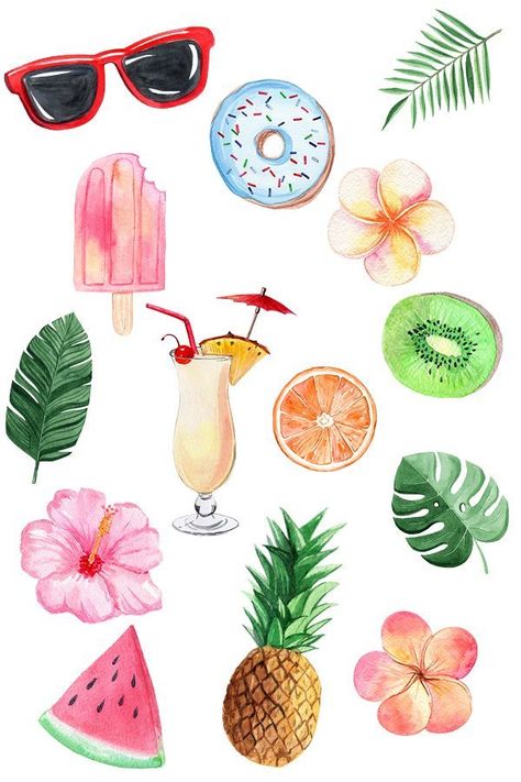 With this amazing hawaii hand painted design collection you can create your unique, tender and creative DIY design in tropical jungle style. This collection ... Summer Watercolor Ideas, Tropical Stickers, Watermelon Watercolor, Jungle Style, Summer Stickers, Fruit Watermelon, Summer Pineapple, Clipart Flowers, Beach Clipart