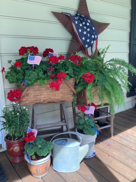 Farmhouse 4th Of July Porch Decor, Americana Front Porch Ideas, Patriotic Planters, American Flag Front Porch, Patriotic Porch Ideas, 4th Of July Porch Decor, 4th Of July Front Porch Decor, Farmhouse 4th Of July Decor, Front Porch Refresh