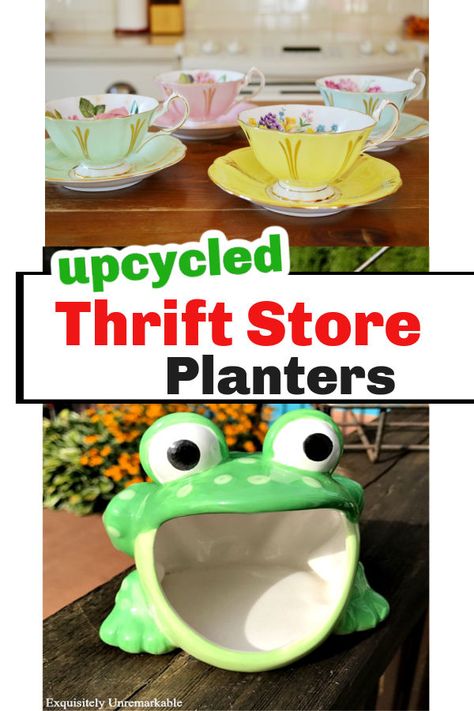 Upcycled Thrift Store Planters Thrift Store Planter Ideas, Diy Garden Ideas Decoration Creative, Unique Pots For Plants, Creative Flower Pot Ideas, Garden Ideas Decoration, Diy Upcycled Planters, Recycled Garden Planters, Creative Planters, Thrift Decor