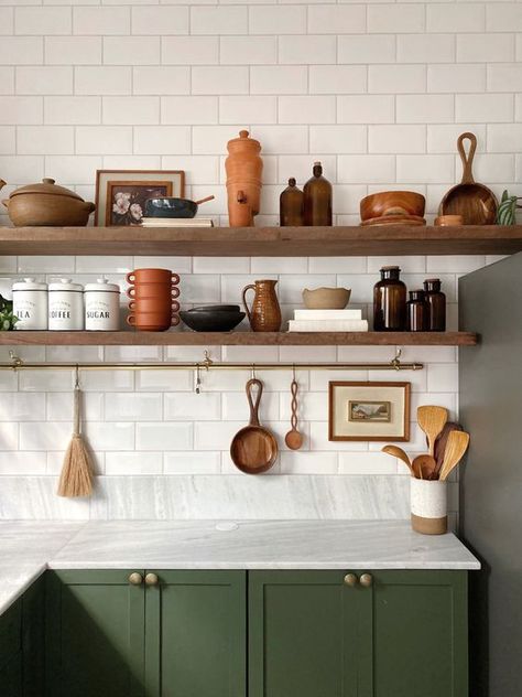 Small Kitchen Ideas: Make the Most of Your Space Kitchen No Cabinets Upper, Shelf Decor In Kitchen, Kitchen Shelf Decor Modern, Kitchen Corner Shelf Decor, Small Kitchen Corner, Kitchen Shelf Inspiration, Kitchen Without Upper Cabinets, Decor In Kitchen, Corner Shelf Decor