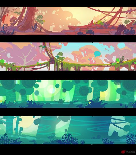 Game Background Concept Art, Game Art Style 2d, Environment Game Art, Magic Forest Concept Art, 2d Game Art Environment, Game Landscape Concept Art, Concept Art For Games, Game Style Art, Lineless Background Art